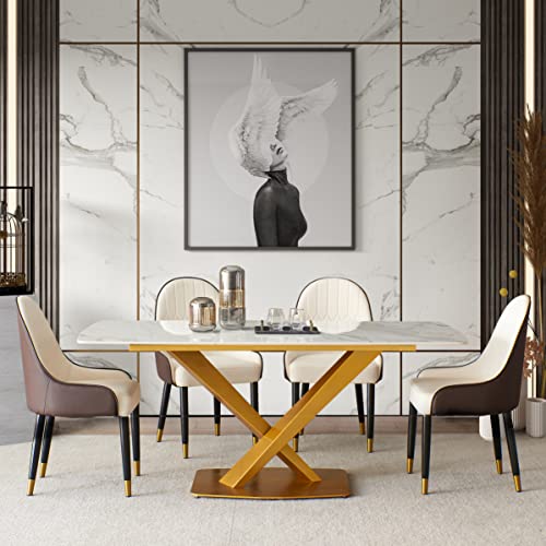 HomSof Sintered Stone, Carrara Color Modern Dinning Table with Solid Carbon Stell Base 63", 1 Piece, White+Gold+Brown