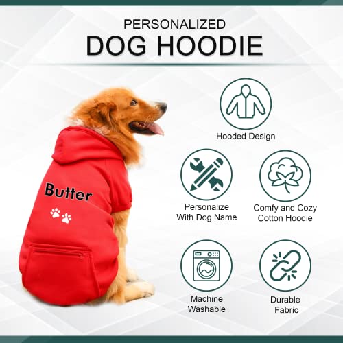 Personalized Dog Hoodie - Stylish Custom Dog Shirt with Embroidered Dog's Name and Paws - Hooded Dog Sweatshirt Warm - Red Cotton Dog Hoodies Winter Pullover with Pockets - X-Large