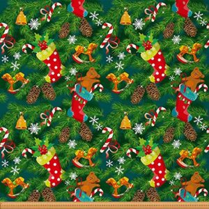 christmas tree upholstery fabric by the yard, xmas sock pine fir cones reupholstery fabric for chairs, happy new year holiday decorative fabric for outdoor and home diy projects, 1 yard, green red