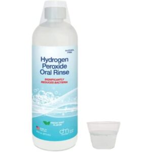 hydrogen peroxide oral rinse by denmat; fresh mint flavor. one bottle of 16 fluid ounces (473 ml). alcohol free, for oral health, minor mouth irritations, and minor gum irritation.