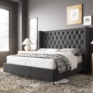 jocisland king bed frame upholstered bed wingback headboard velvet tufted diamond button/no box spring needed/easy assembly/dark gray