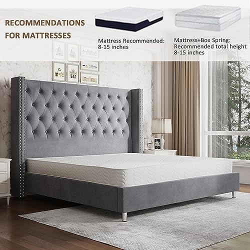 Jocisland King Bed Frame Upholstered Bed Wingback Headboard Velvet Tufted Diamond Button/No Box Spring Needed/Easy Assembly/Dark Gray