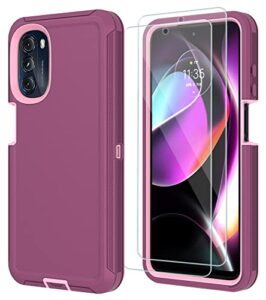 qinmay moto g 5g 2022 case & 2 hd screen protectors, heavy duty 3-in-1 tpu+pc - winered pink