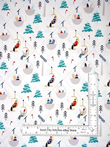 FlashPhoenix Sewing Fabric – Christmas Fabric Ski Lift Skiers White Wintertime Joy 100% Cotton Ink Arrow QT Yard 36x44