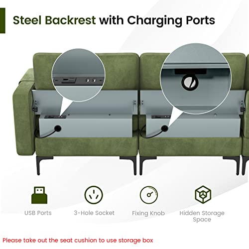 Giantex Sectional Sofa Couch with 2 USB Ports, 3-Hole Socket, Hidden Storage Box, L-Shaped Modular Sofa w/Reversible Chaise Lounge, 2 Side Bolsters for Living Room Bedroom Office