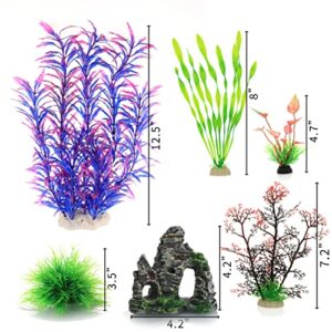 JIHAQUA Auarium Ornaments Fish Tank Decorations Plants with Resin Cave Rock View, 6pcs Decorations Plants Plastic,Fish Tank Accessories (Purple)