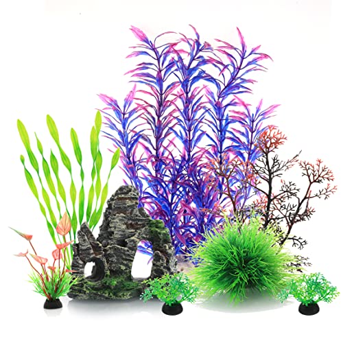 JIHAQUA Auarium Ornaments Fish Tank Decorations Plants with Resin Cave Rock View, 6pcs Decorations Plants Plastic,Fish Tank Accessories (Purple)