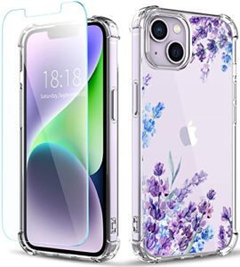 yoyori compatible with iphone 14 case with screen protector, flower pattern design, floral clear women phone case shockproof protective soft tpu bumper cover 6.1 inch 2022(lavender/purple)