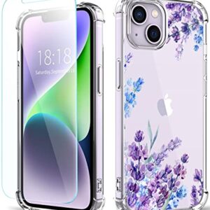 YOYORI Compatible with iPhone 14 Case with Screen Protector, Flower Pattern Design, Floral Clear Women Phone Case Shockproof Protective Soft TPU Bumper Cover 6.1 Inch 2022(Lavender/Purple)