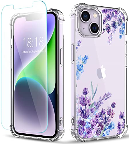 YOYORI Compatible with iPhone 14 Case with Screen Protector, Flower Pattern Design, Floral Clear Women Phone Case Shockproof Protective Soft TPU Bumper Cover 6.1 Inch 2022(Lavender/Purple)