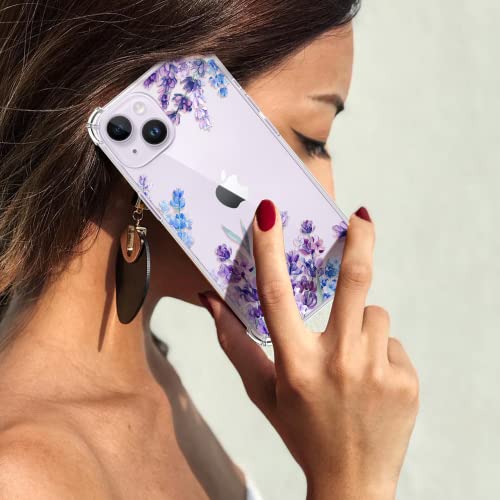 YOYORI Compatible with iPhone 14 Case with Screen Protector, Flower Pattern Design, Floral Clear Women Phone Case Shockproof Protective Soft TPU Bumper Cover 6.1 Inch 2022(Lavender/Purple)