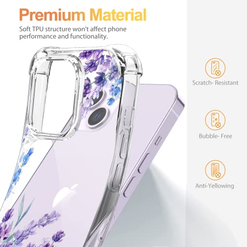 YOYORI Compatible with iPhone 14 Case with Screen Protector, Flower Pattern Design, Floral Clear Women Phone Case Shockproof Protective Soft TPU Bumper Cover 6.1 Inch 2022(Lavender/Purple)