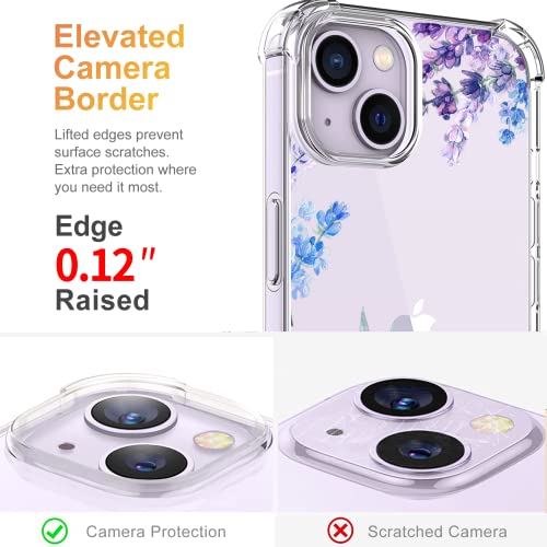 YOYORI Compatible with iPhone 14 Case with Screen Protector, Flower Pattern Design, Floral Clear Women Phone Case Shockproof Protective Soft TPU Bumper Cover 6.1 Inch 2022(Lavender/Purple)