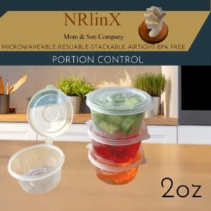 NRlinX [50 Sets - 2 oz. Plastic Condiments Containers with Hinged Lids | Multipurpose Small Plastic Containers for Sauce, Dip and Dressing - Jello Shot Cups