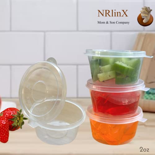 NRlinX [50 Sets - 2 oz. Plastic Condiments Containers with Hinged Lids | Multipurpose Small Plastic Containers for Sauce, Dip and Dressing - Jello Shot Cups