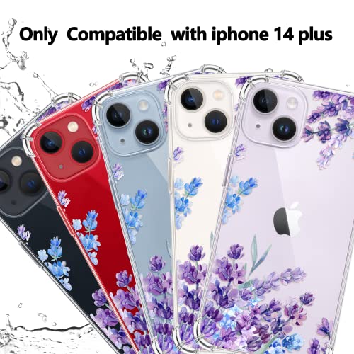 YOYORI iPhone 14 Plus Case with Screen Protector, Flower Pattern Design, Floral Clear Women Phone Case Shockproof Protective Soft TPU Bumper Cover 6.7 Inch 2022 (Lavender/Purple)