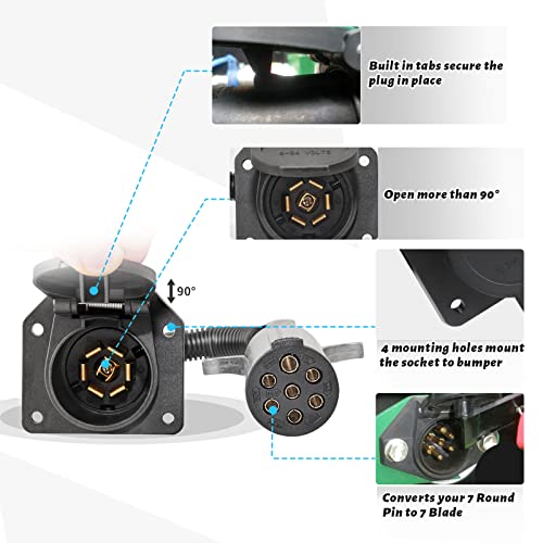 MECMO 7 Pole Round to 7 Way RV Blade Trailer Adapter Connector, Die-Cast Zinc 7 Way Round Pin Female Socket, Semi Truck Trailer Adapter for Commercial Vehicle/Pickup Truck/Tractor with SAE J560 Plug