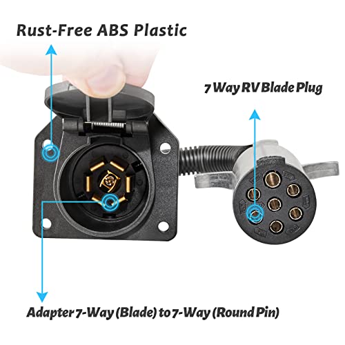 MECMO 7 Pole Round to 7 Way RV Blade Trailer Adapter Connector, Die-Cast Zinc 7 Way Round Pin Female Socket, Semi Truck Trailer Adapter for Commercial Vehicle/Pickup Truck/Tractor with SAE J560 Plug