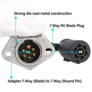 MECMO 7-Way RV Blade to 7 Way Round Pin Trailer Adapter Connector, Die-cast Zinc with Mounting Bracket, 7 RV to 7 Pole Pin Trailer Socket Plug Harness for Towing Commercial, Agricultural, Farm Trailer