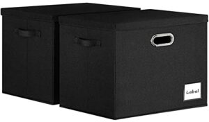 lhzk extra large storage bins with lids 16x12x12 foldable linen fabric storage boxes with lids, decorative fabric storage bins with label & 3 handles for shelves bedroom home office (black, 2-pack)