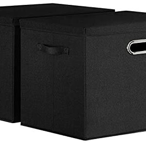 LHZK Extra Large Storage Bins with Lids 16x12x12 Foldable Linen Fabric Storage Boxes with Lids, Decorative Fabric Storage Bins with Label & 3 Handles for Shelves Bedroom Home Office (Black, 2-Pack)