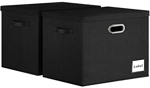 LHZK Extra Large Storage Bins with Lids 16x12x12 Foldable Linen Fabric Storage Boxes with Lids, Decorative Fabric Storage Bins with Label & 3 Handles for Shelves Bedroom Home Office (Black, 2-Pack)