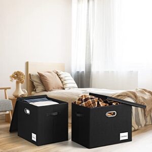 LHZK Extra Large Storage Bins with Lids 16x12x12 Foldable Linen Fabric Storage Boxes with Lids, Decorative Fabric Storage Bins with Label & 3 Handles for Shelves Bedroom Home Office (Black, 2-Pack)