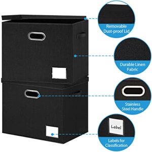 LHZK Extra Large Storage Bins with Lids 16x12x12 Foldable Linen Fabric Storage Boxes with Lids, Decorative Fabric Storage Bins with Label & 3 Handles for Shelves Bedroom Home Office (Black, 2-Pack)