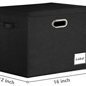 LHZK Extra Large Storage Bins with Lids 16x12x12 Foldable Linen Fabric Storage Boxes with Lids, Decorative Fabric Storage Bins with Label & 3 Handles for Shelves Bedroom Home Office (Black, 2-Pack)