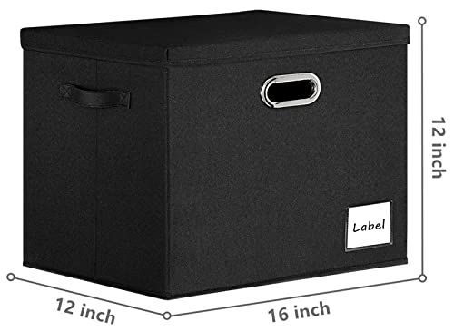 LHZK Extra Large Storage Bins with Lids 16x12x12 Foldable Linen Fabric Storage Boxes with Lids, Decorative Fabric Storage Bins with Label & 3 Handles for Shelves Bedroom Home Office (Black, 2-Pack)