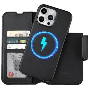 voscu detachable wallet case for iphone 14 pro max 6.7'' compatible with magsafe, support wireless charger, vegan leather flip folio magnetic phone case with card holders [rfid blocking]-black
