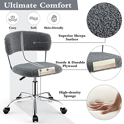 Giantex Home Office Chair, Faux Fur Low Back Swivel Leisure Chair w/Height Adjustable Padded Seat, Rolling Armless Vanity Chair w/Galvanized Steel Frame for Bedroom Study Guest Room, Gray