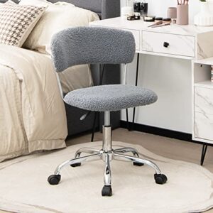 Giantex Home Office Chair, Faux Fur Low Back Swivel Leisure Chair w/Height Adjustable Padded Seat, Rolling Armless Vanity Chair w/Galvanized Steel Frame for Bedroom Study Guest Room, Gray