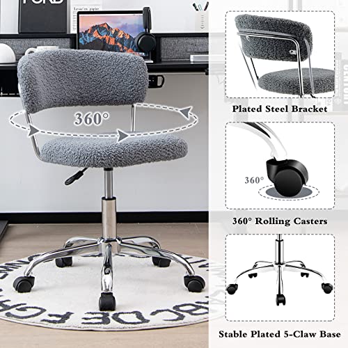 Giantex Home Office Chair, Faux Fur Low Back Swivel Leisure Chair w/Height Adjustable Padded Seat, Rolling Armless Vanity Chair w/Galvanized Steel Frame for Bedroom Study Guest Room, Gray