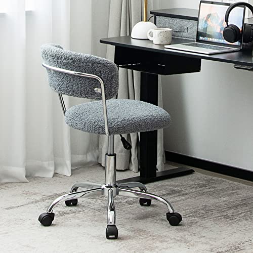 Giantex Home Office Chair, Faux Fur Low Back Swivel Leisure Chair w/Height Adjustable Padded Seat, Rolling Armless Vanity Chair w/Galvanized Steel Frame for Bedroom Study Guest Room, Gray