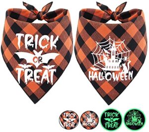 glow in the dark halloween dog bandana scarf, 2 pack holiday fall dog bandanas plaid triangle reversible scarves bibs for small medium large dogs pets