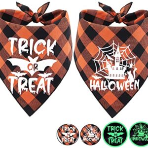 Glow in The Dark Halloween Dog Bandana Scarf, 2 Pack Holiday Fall Dog Bandanas Plaid Triangle Reversible Scarves Bibs for Small Medium Large Dogs Pets