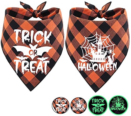 Glow in The Dark Halloween Dog Bandana Scarf, 2 Pack Holiday Fall Dog Bandanas Plaid Triangle Reversible Scarves Bibs for Small Medium Large Dogs Pets