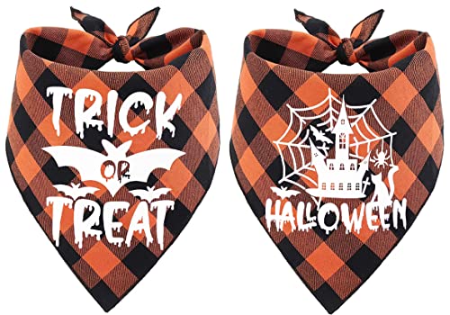 Glow in The Dark Halloween Dog Bandana Scarf, 2 Pack Holiday Fall Dog Bandanas Plaid Triangle Reversible Scarves Bibs for Small Medium Large Dogs Pets