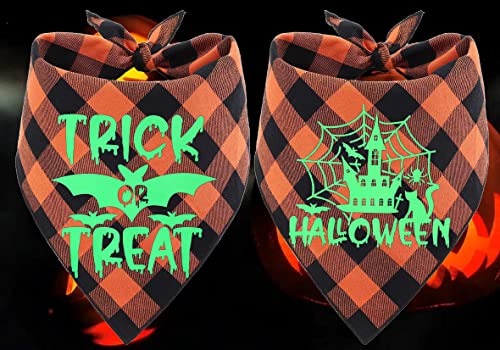 Glow in The Dark Halloween Dog Bandana Scarf, 2 Pack Holiday Fall Dog Bandanas Plaid Triangle Reversible Scarves Bibs for Small Medium Large Dogs Pets