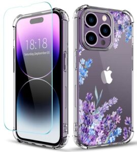 yoyori iphone 14 pro max case with screen protector, flower pattern design, floral clear women phone case shockproof protective soft tpu bumper cover 6.7 inch 2022 (lavender/purple)