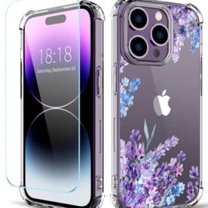 YOYORI iPhone 14 Pro Max Case with Screen Protector, Flower Pattern Design, Floral Clear Women Phone Case Shockproof Protective Soft TPU Bumper Cover 6.7 Inch 2022 (Lavender/Purple)