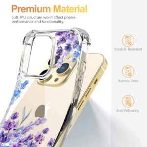 YOYORI iPhone 14 Pro Max Case with Screen Protector, Flower Pattern Design, Floral Clear Women Phone Case Shockproof Protective Soft TPU Bumper Cover 6.7 Inch 2022 (Lavender/Purple)