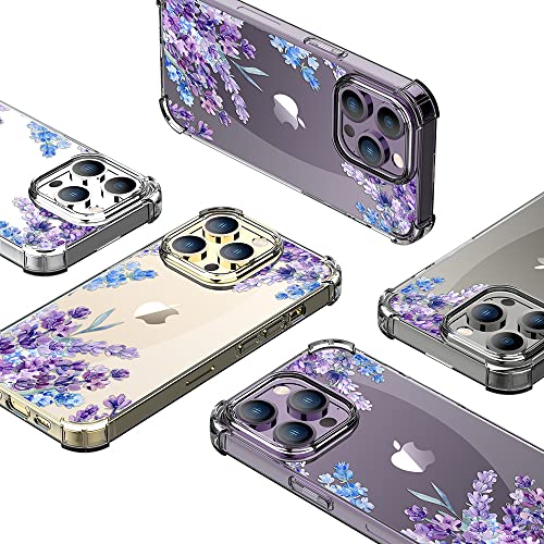 YOYORI iPhone 14 Pro Max Case with Screen Protector, Flower Pattern Design, Floral Clear Women Phone Case Shockproof Protective Soft TPU Bumper Cover 6.7 Inch 2022 (Lavender/Purple)