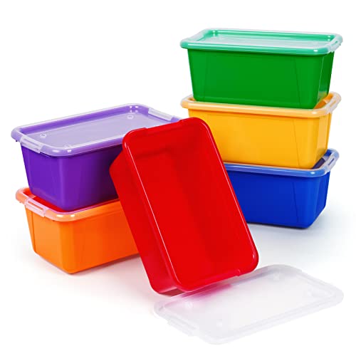 GAMENOTE Multicolor Storage Bins with Lids - 5 Qt 6 Pack Small Cubby Bins Stackable Plastic Containers for Classroom Book Bin Toy Organizers (12× 7.2 × 5.1 inches)