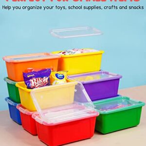 GAMENOTE Multicolor Storage Bins with Lids - 5 Qt 6 Pack Small Cubby Bins Stackable Plastic Containers for Classroom Book Bin Toy Organizers (12× 7.2 × 5.1 inches)