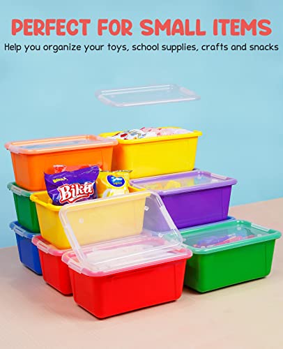 GAMENOTE Multicolor Storage Bins with Lids - 5 Qt 6 Pack Small Cubby Bins Stackable Plastic Containers for Classroom Book Bin Toy Organizers (12× 7.2 × 5.1 inches)