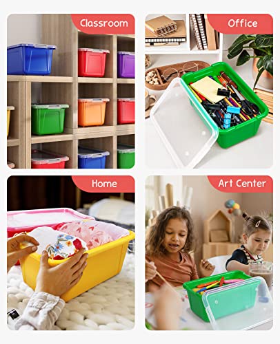 GAMENOTE Multicolor Storage Bins with Lids - 5 Qt 6 Pack Small Cubby Bins Stackable Plastic Containers for Classroom Book Bin Toy Organizers (12× 7.2 × 5.1 inches)