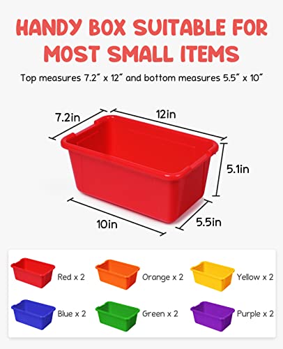 GAMENOTE Multicolor Storage Bins with Lids - 5 Qt 6 Pack Small Cubby Bins Stackable Plastic Containers for Classroom Book Bin Toy Organizers (12× 7.2 × 5.1 inches)