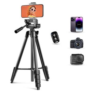 torjim 64”phone tripod, extendable cell phone tripod with remote and phone holder, universal camera tripod stand for video recording/selfies/live streaming, travel tripod compatible with ios & android